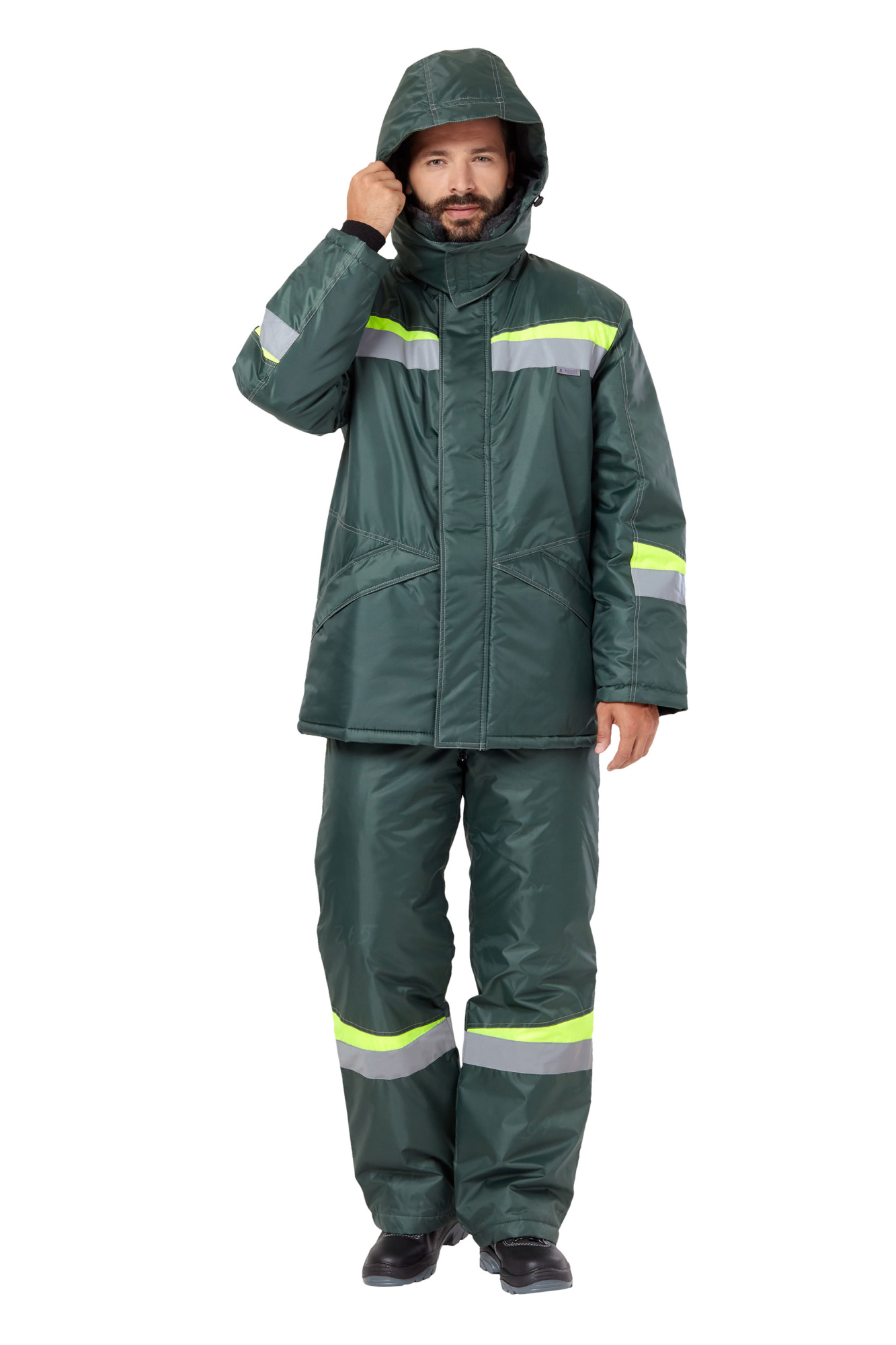 Костюм рабочий мужской зимний "Комфорт" цвет темно-зеленый/неоновый